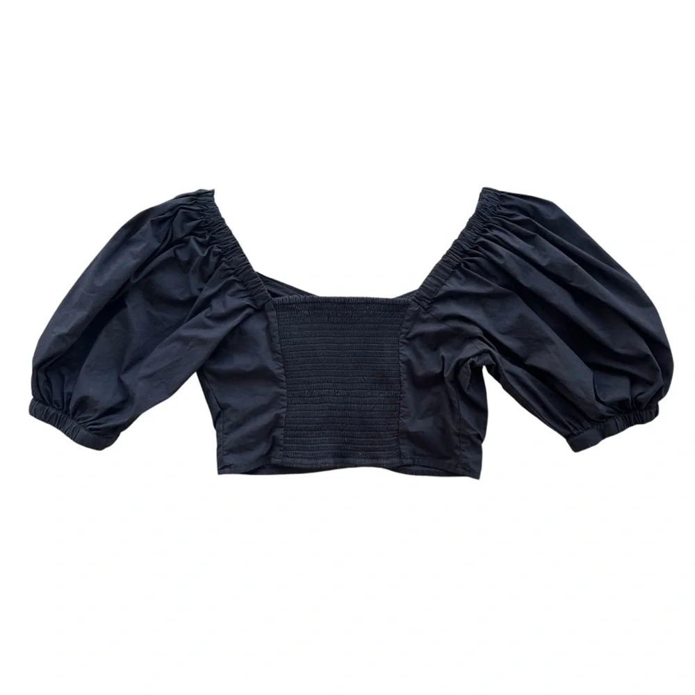 Abercrombie & Fitch Womens M Black Short Puff Sleeves Smocked Ruched Cropped Top
